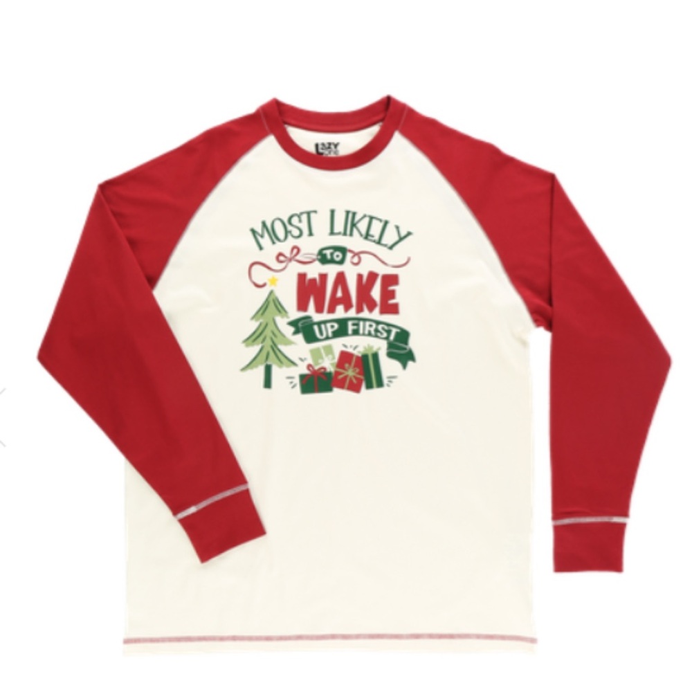 Unisex Long Sleeve “Wake Up First” Christmas Sleep Shirt w/ Raglan Sleeve Sz-3XL